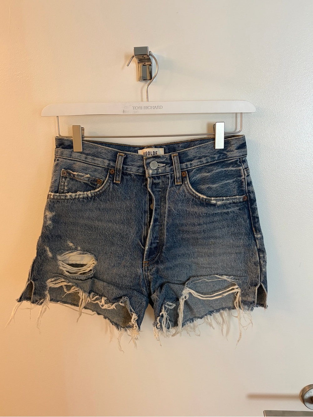 Agolde Distressed Blue High-Rise Cutoff Denim Shorts